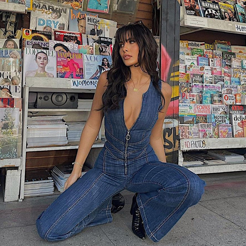 Elegant yet casual women's blue jumpsuit, a comfortable and flattering one-piece for versatile styling.