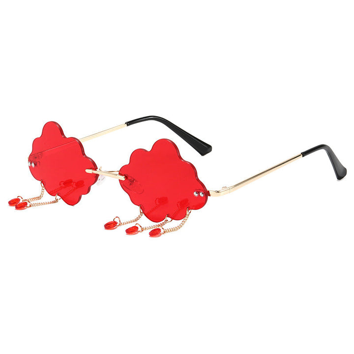 Trendy women's cloud sunglasses with unique frame, securely attached stylish eyewear chain.