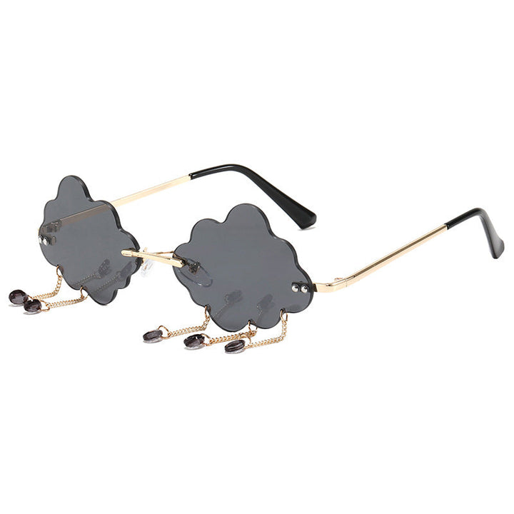 Youthful trendy women's cloud sunglasses with unique frame, complete with a stylish neck chain.