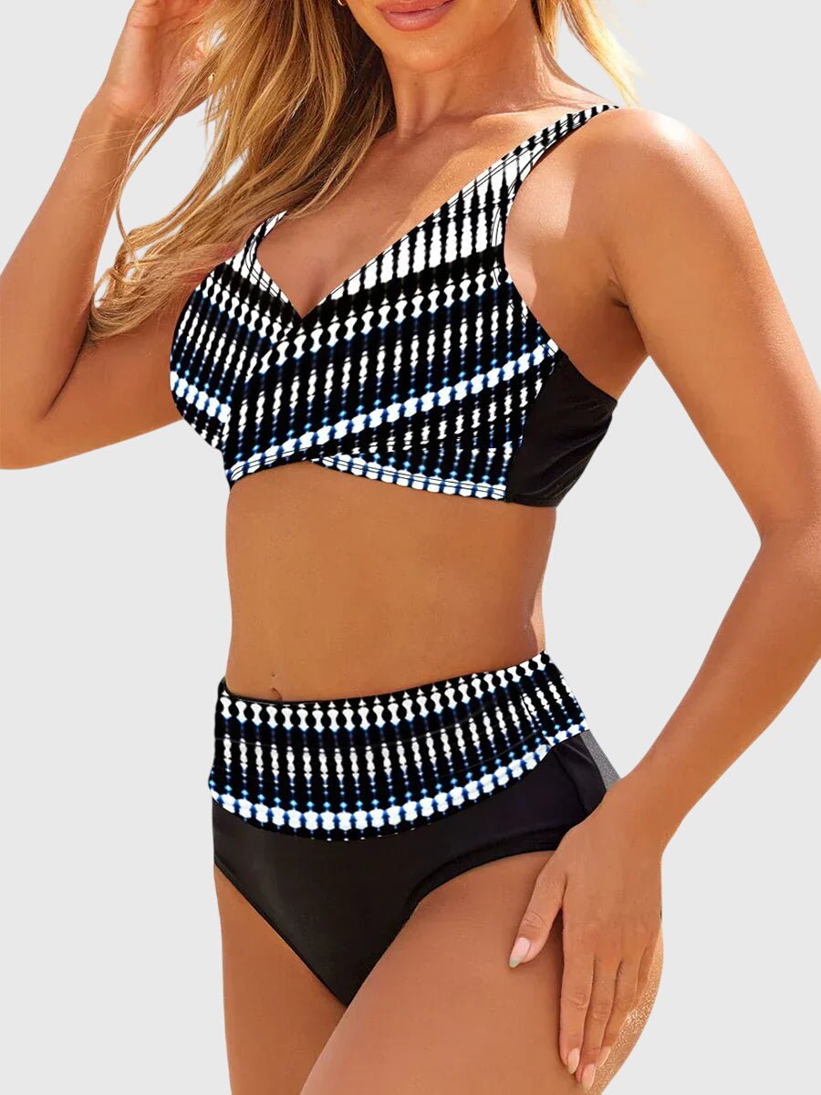 Supportive women's geometric two-piece bikini; cross-front top & high-waist bottoms for summer pool or beach fashion.