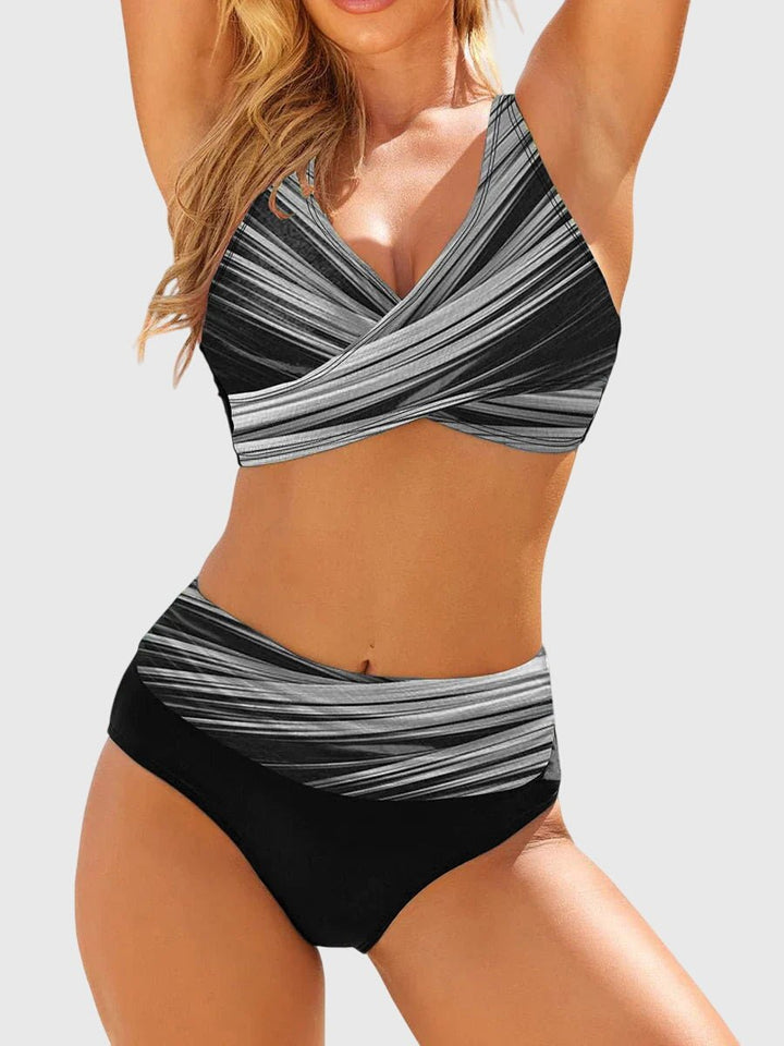 Chic women's geometric print cross-front bikini, a perfect two-piece swimsuit for your summer vacation & trendy beach look.