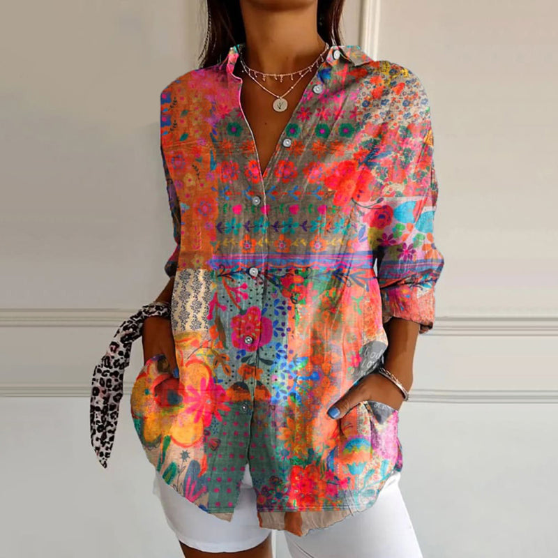 Women's Trinity long sleeve floral patchwork button-down blouse, ideal for casual chic or office wear, multicolor print.