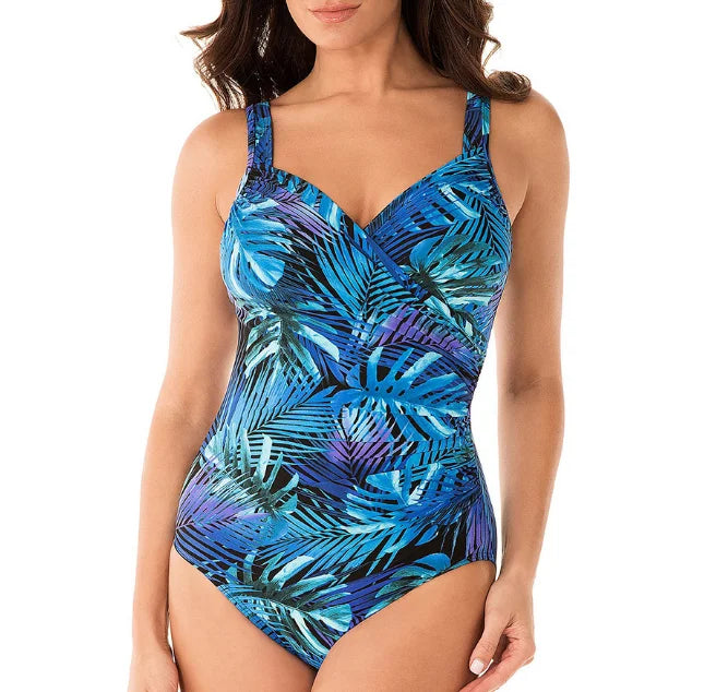 Stylish women's tummy control tropical print swimwear, perfect V-neck one-piece for summer vacation & beach.