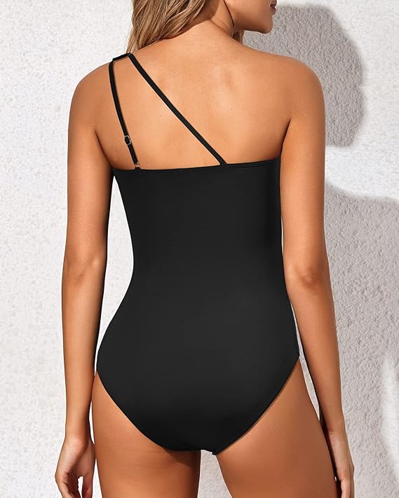 Women's one-piece tummy control swimsuit with stylish one-shoulder design for poolside elegance.