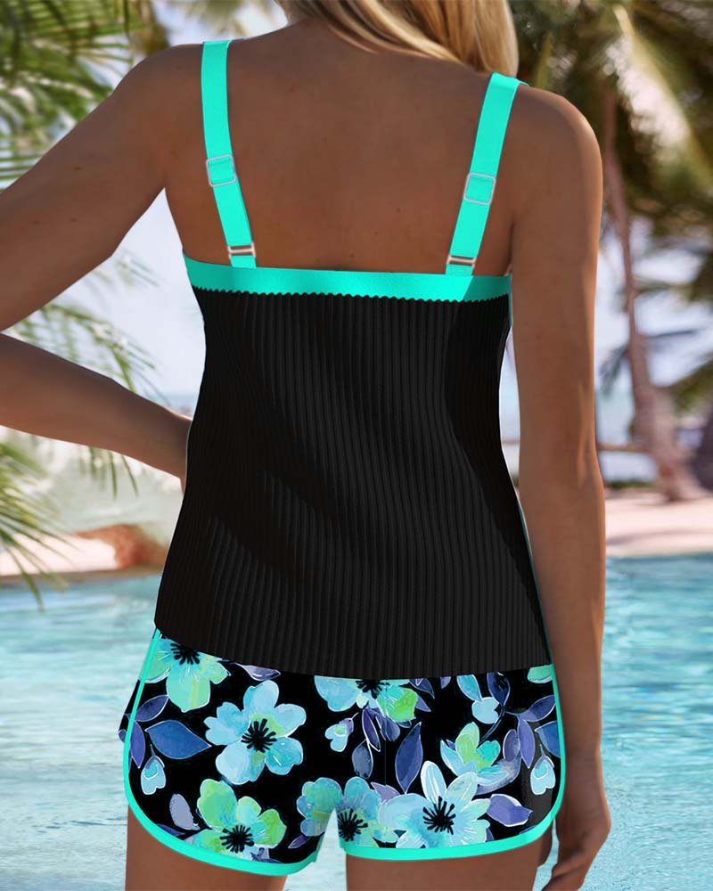 Fashionable women's tummy control ribbed tankini. Two-piece swimwear with a supportive top for flattering beach style.