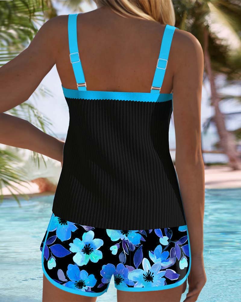Front view: Women's tummy control ribbed tankini set. Flattering two-piece swimwear for pool, beach & resort.