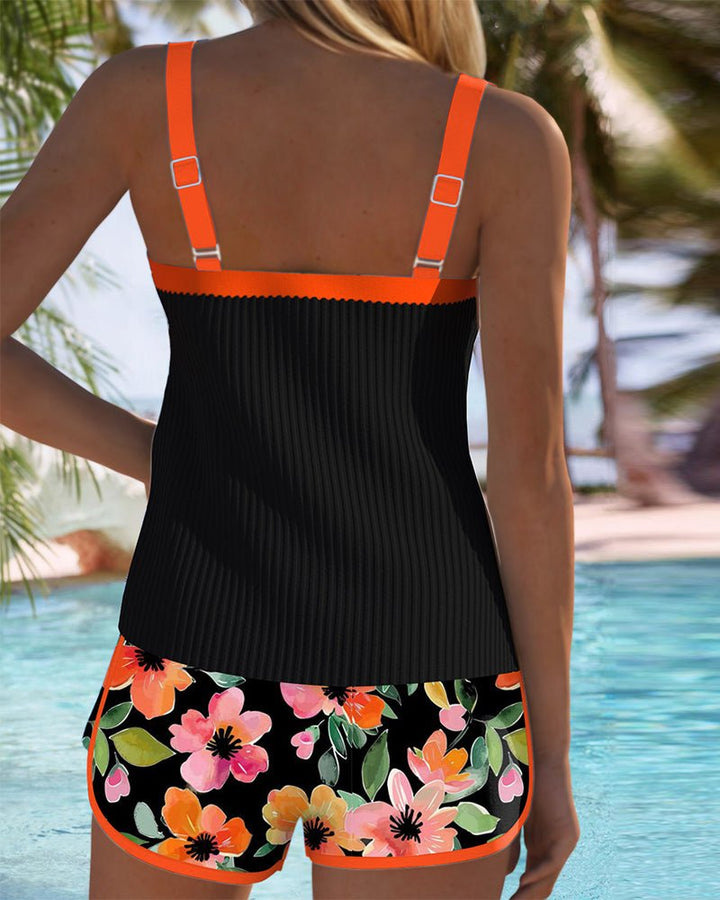 Ribbed tankini set for women with tummy control. Stylish two-piece swimwear, supportive top, perfect for resort wear.