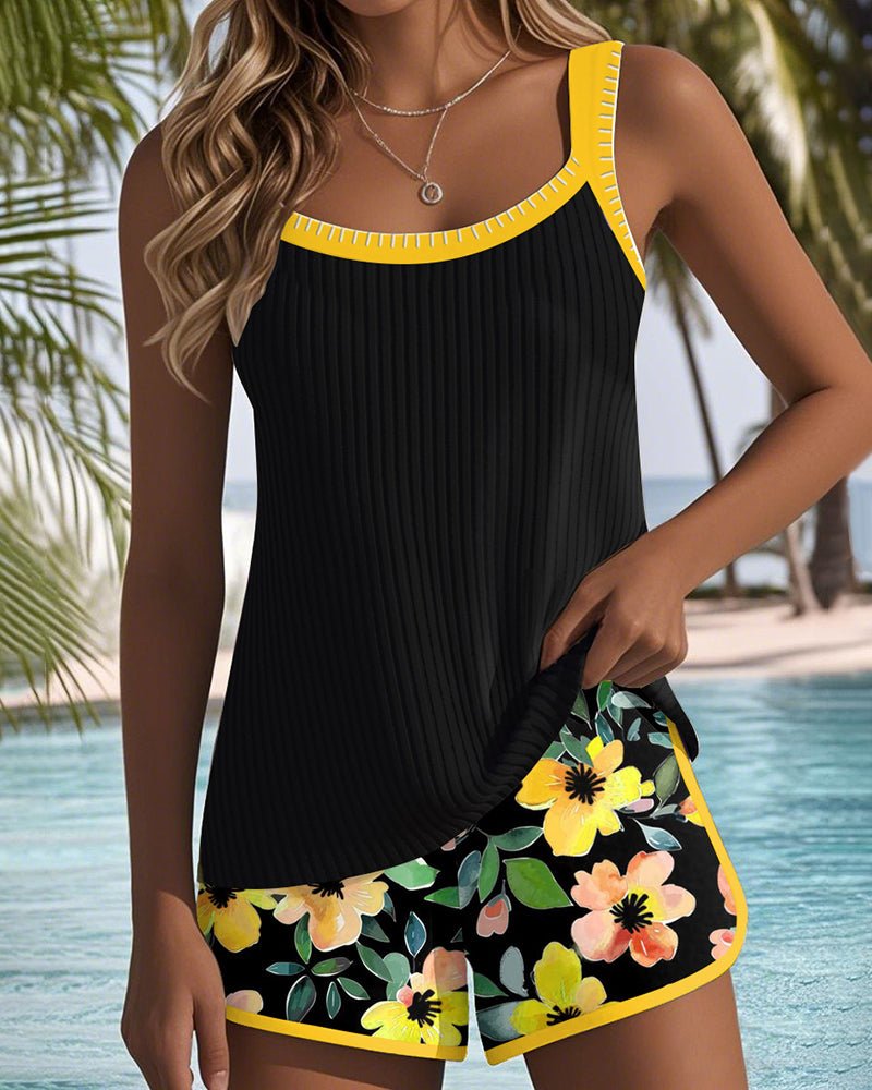 Boost your confidence in this tummy control ribbed tankini set. Flattering women's two-piece swimwear for any water fun.