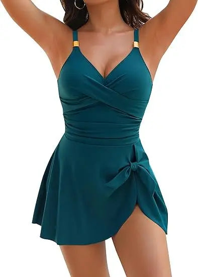 Resort wear skirted swimsuit for women, tummy control feature and sleek design.