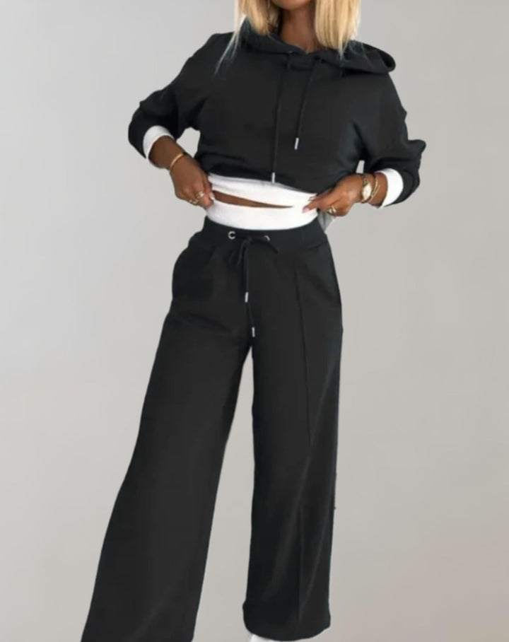 Women's Two Piece Hoodie & Wide Leg Trousers Set in soft fabric for ultimate casual comfort & everyday style.