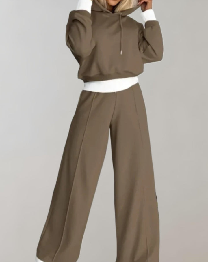 Versatile women's two-piece matching set with a soft hoodie and fashionable wide-leg trousers for casual comfort.