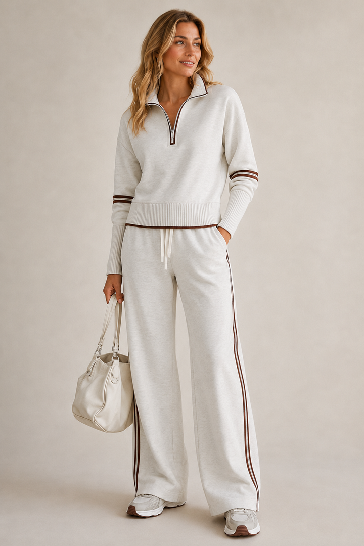 Women's two-piece quarter zip knit set with wide leg pants. Comfortable casual loungewear for fall & winter.