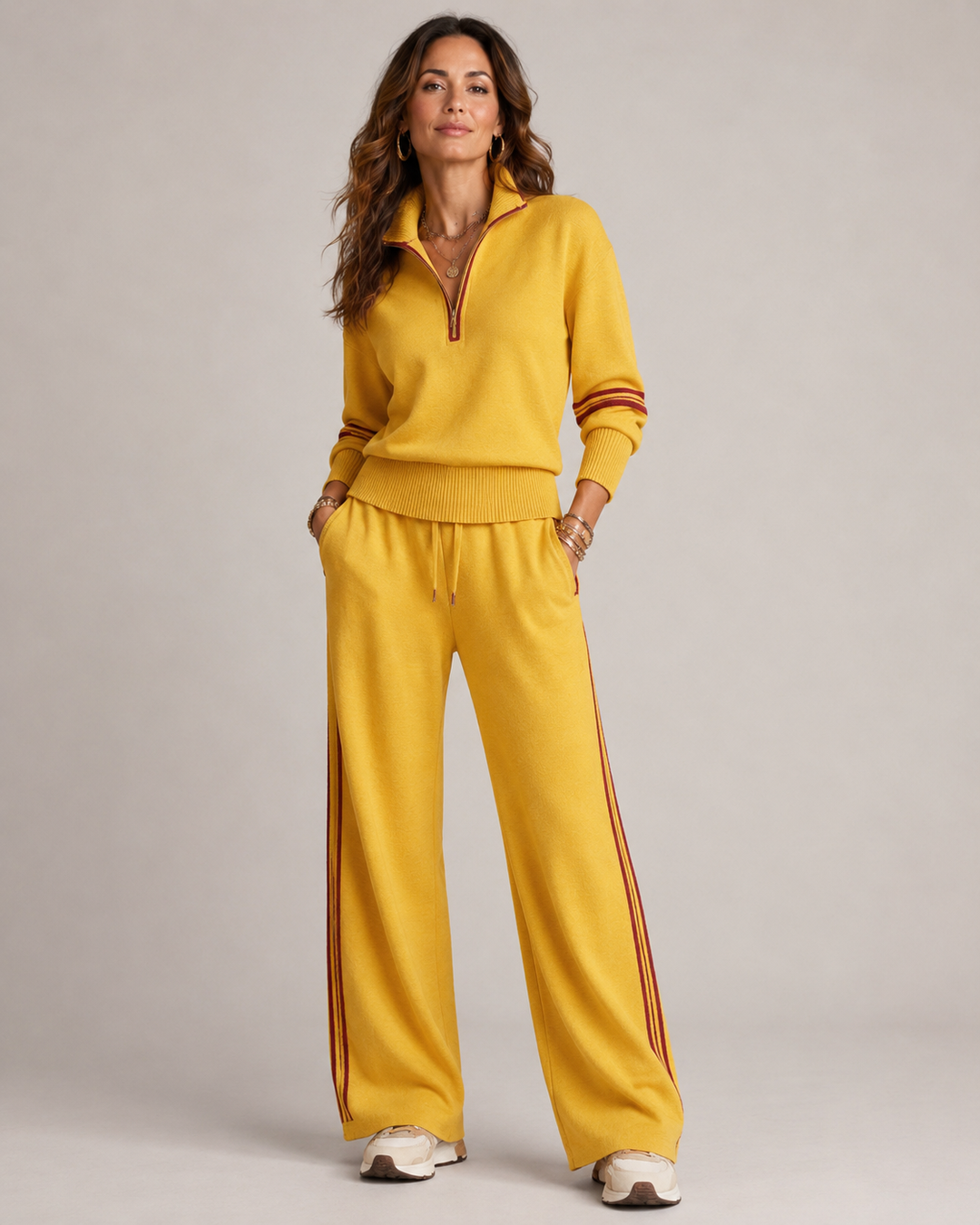Stylish women's quarter zip knit sweater and wide leg pants two-piece set. Ideal for fall & winter fashion.