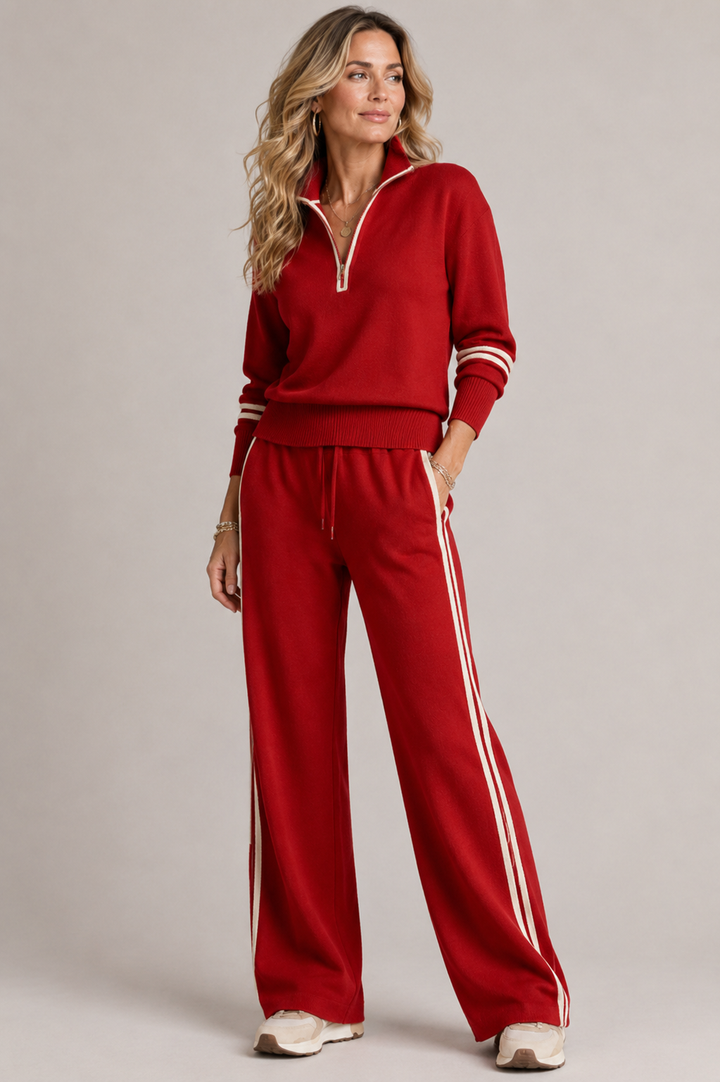 Soft knit two-piece set for women with a quarter zip pullover & comfy wide leg trousers. Chic casual outfit.