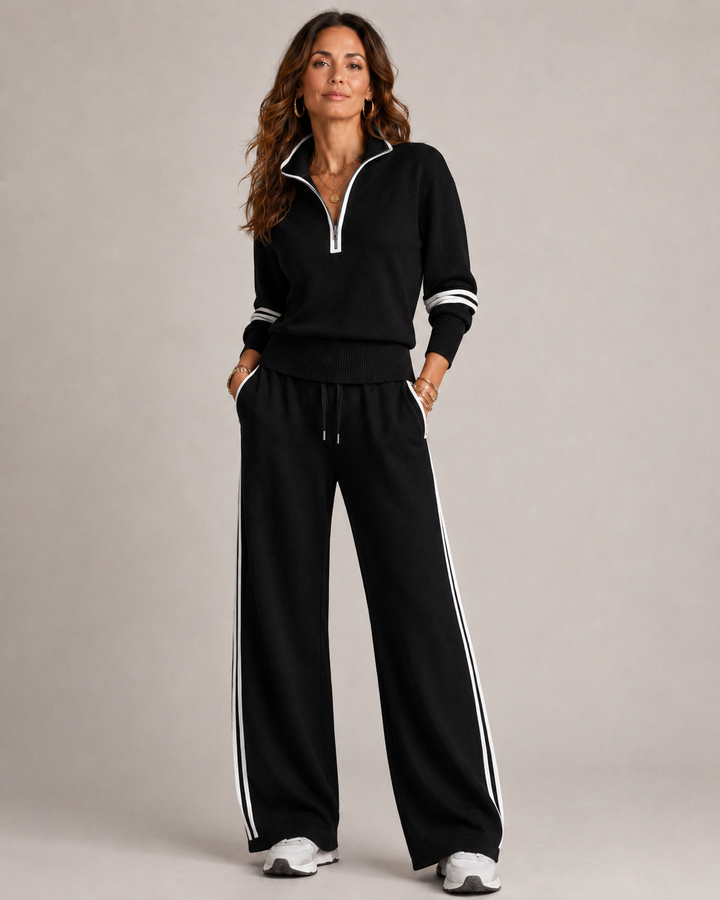 Versatile women's quarter zip knit matching set with wide leg pants. Great for cozy comfort or stylish outings.