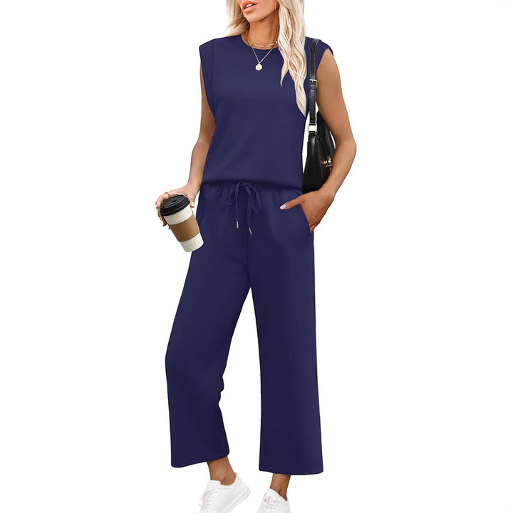 Chic women's co-ord set featuring a sleeveless top and flowing wide-leg trousers, perfect for summer travel.