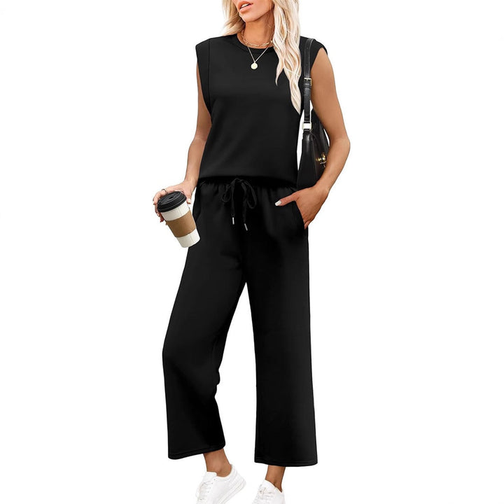 Versatile women's sleeveless top and wide-leg pant set. Ideal for casual wear, loungewear, or elegant travel.