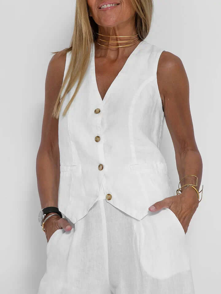 Complete women's two-piece vest and pant ensemble, a chic and elegant casual set.