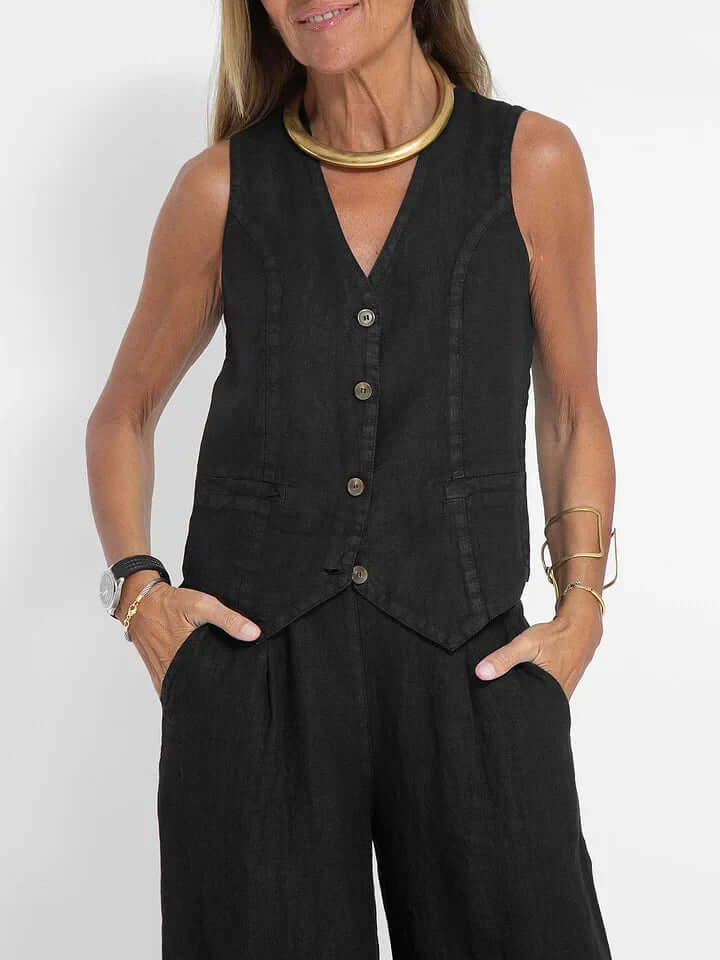 Chic women's two-piece vest and pant set, an elegant casual outfit for versatile fashion.