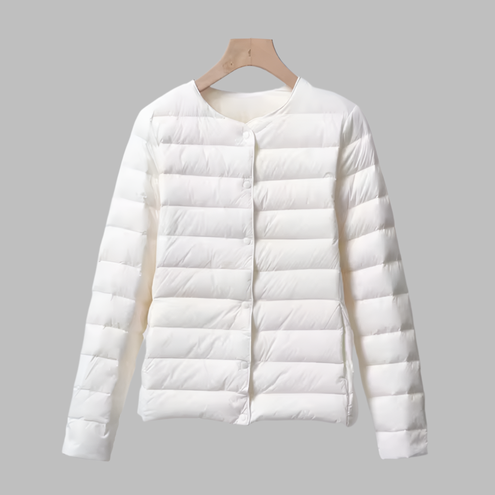 Women's ultralight collarless puffer jacket. Perfect lightweight outerwear for spring & travel.