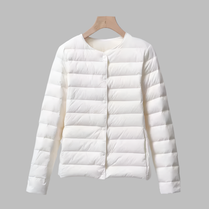 Women's ultralight collarless puffer jacket. Perfect lightweight outerwear for spring & travel.