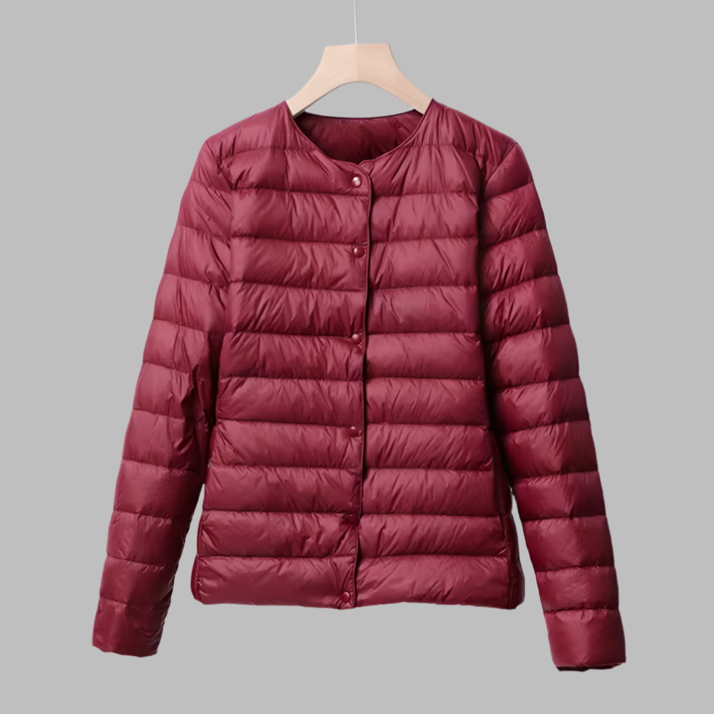 Trendy women's ultralight collarless puffer jacket. A lightweight, packable spring jacket for modern fashion.
