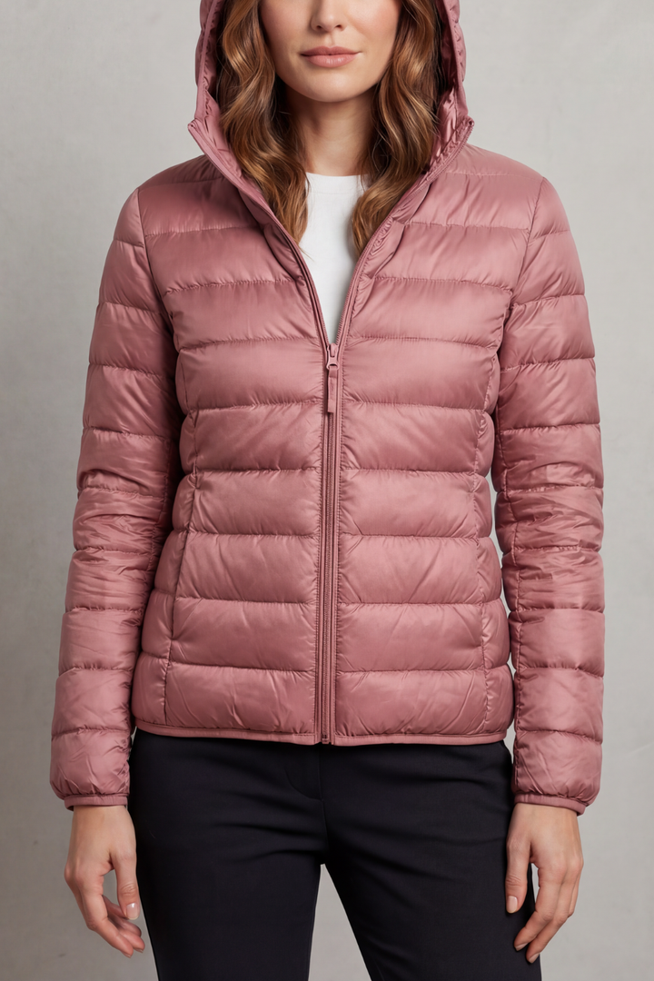 Essential women's hooded puffer jacket, ultralight, warm, and packable for all seasons.