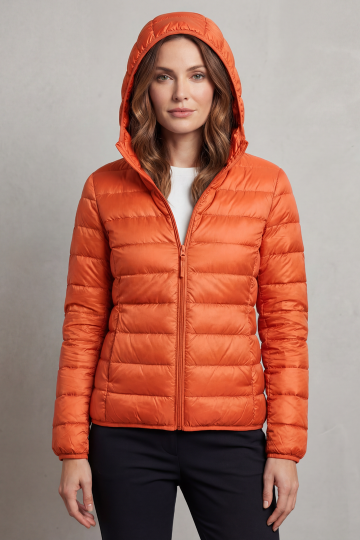 Women's warm fall jacket, ultralight packable hooded puffer for outdoor activities.