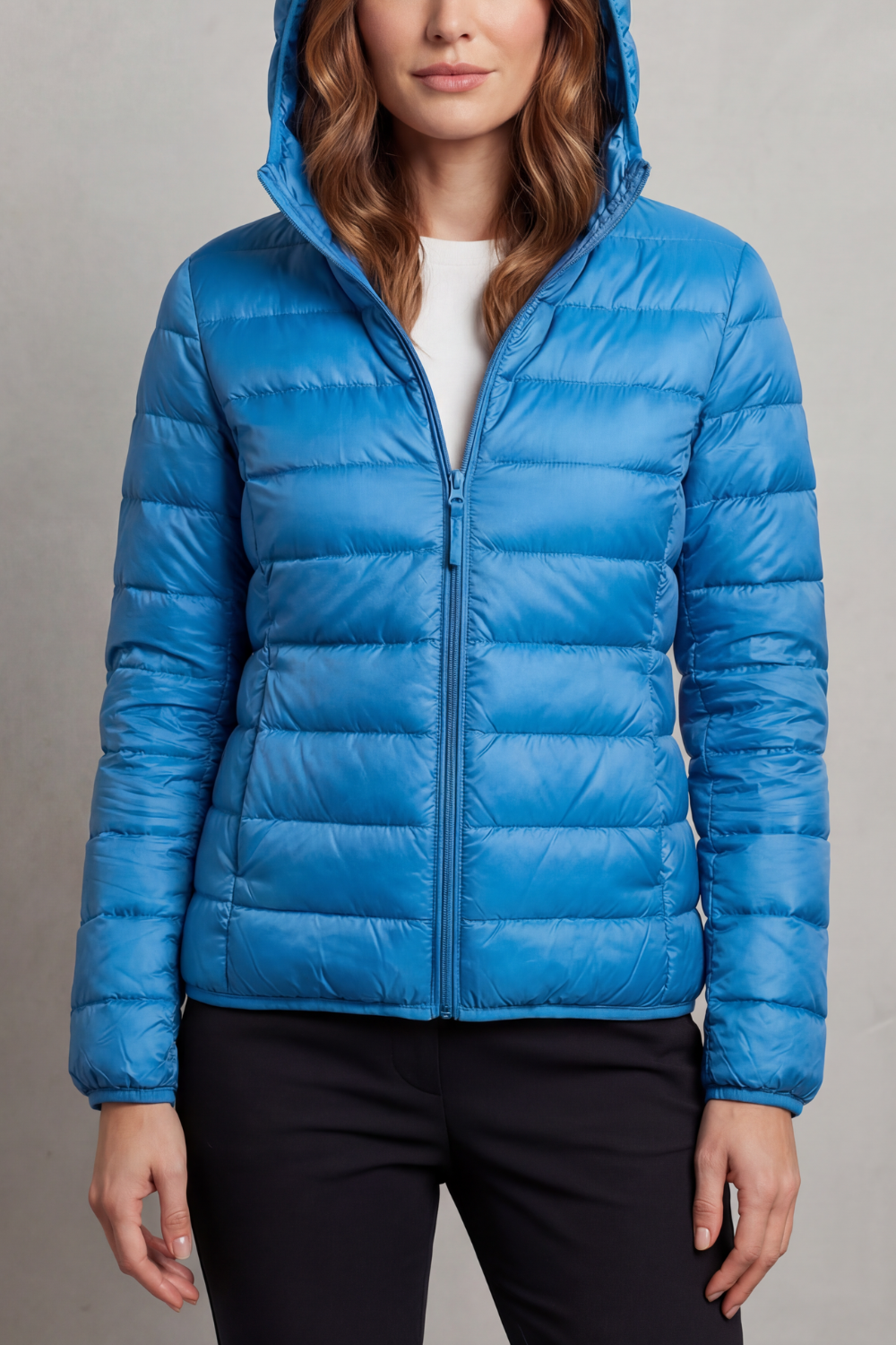 Women's versatile hooded puffer coat, ultralight and packable for travel & daily wear.