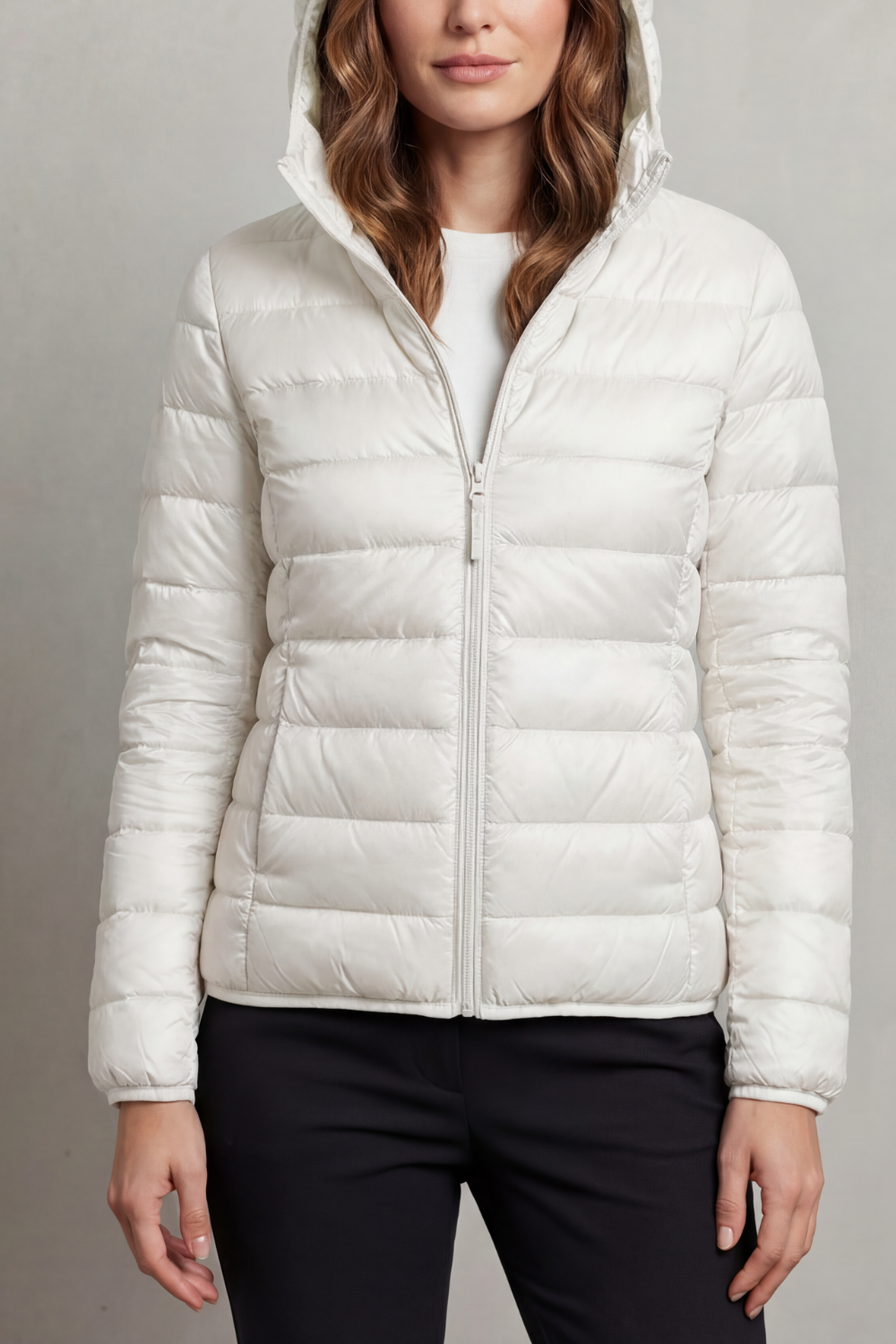 Warm & versatile women's hooded puffer jacket, ultralight & packable for fall travel.