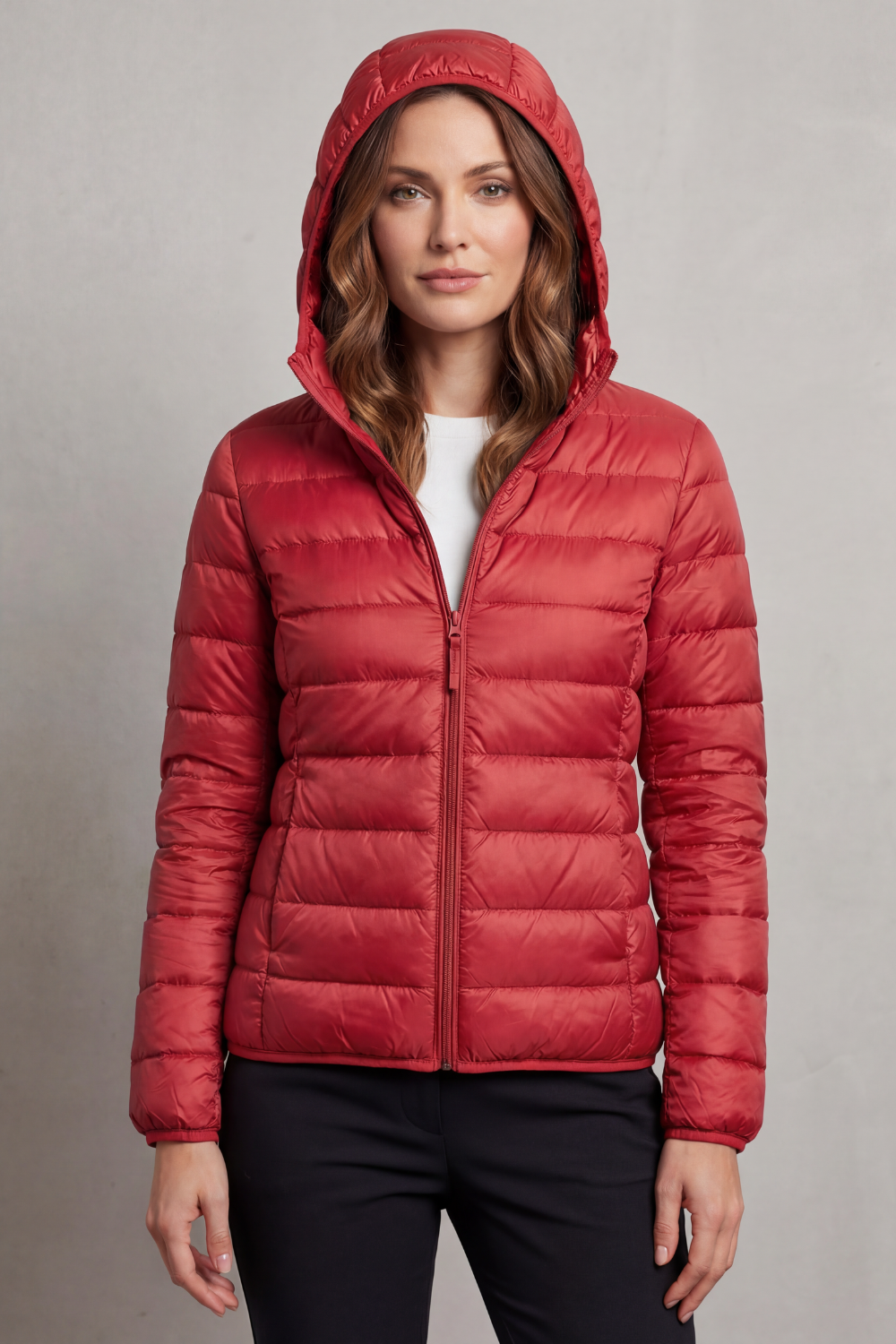 Women's fall/winter ultralight packable puffer, hooded for ultimate convenience.