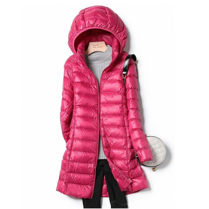 Cozy women's ultralight leisure jacket. A lightweight, warm zip-up coat designed for ultimate winter comfort.