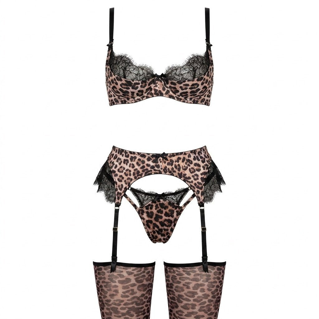 Sensual leopard print and black lace four-piece lingerie set for women. Includes underwired bra, thong, garter, stockings.