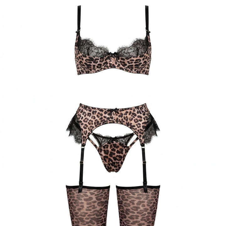 Sensual leopard print and black lace four-piece lingerie set for women. Includes underwired bra, thong, garter, stockings.