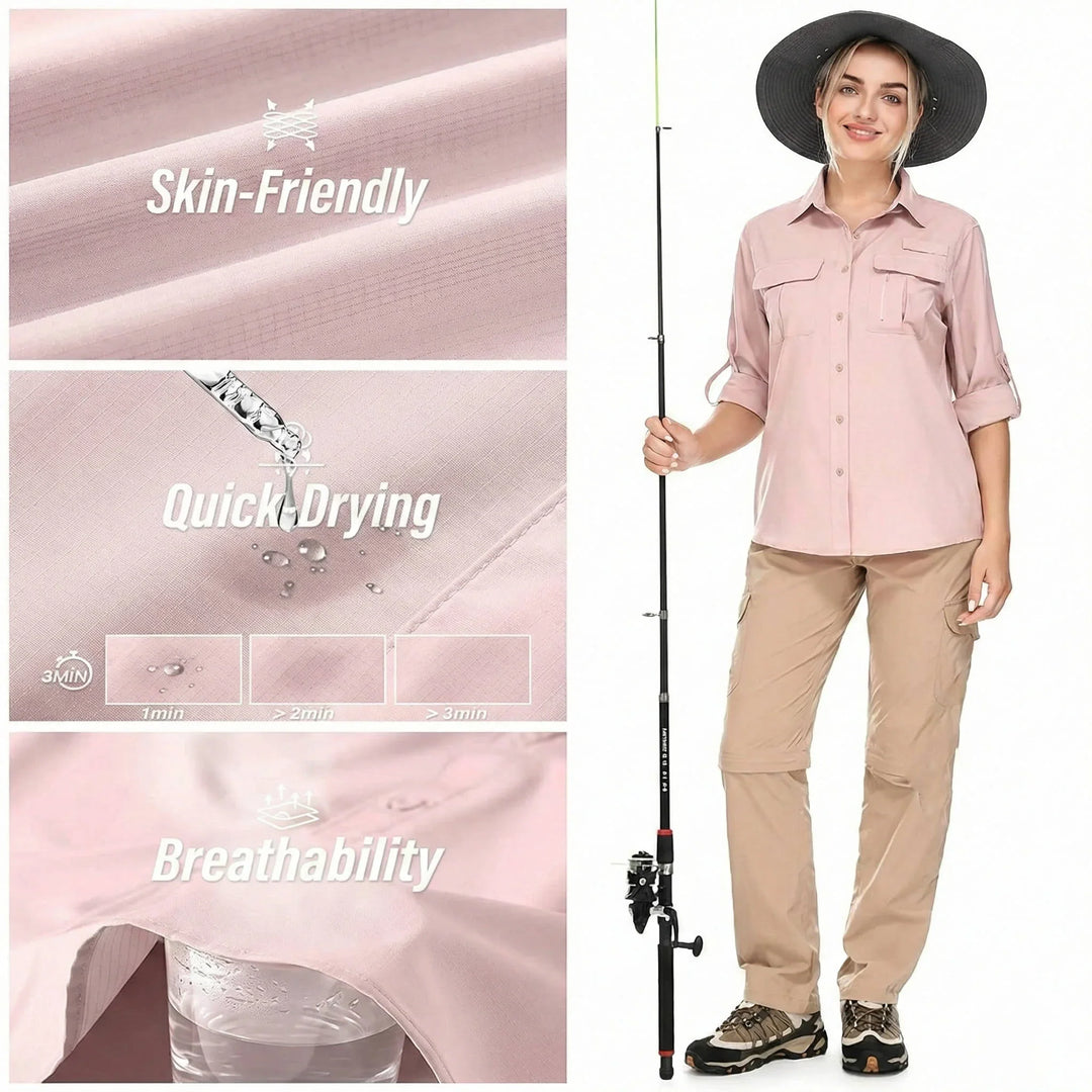 Woman on safari wearing a women's UPF 50 long-sleeve shirt with zip pockets for essentials.
