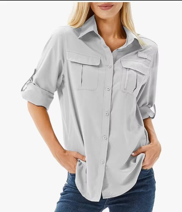 Breathable women's UPF 50 hiking shirt; perfect activewear for camping, travel & sun protection.