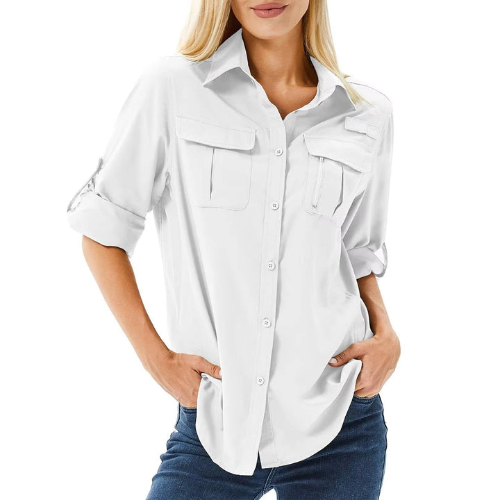 Durable women's safari hiking shirt, UPF 50 sun protection, breathable for camping & outdoor.