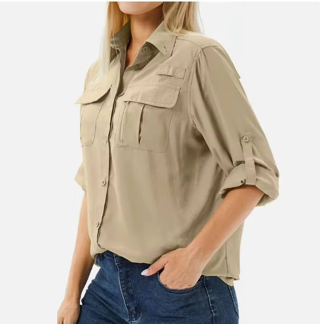 Versatile women's UPF 50 shirt; perfect outdoor clothing for hiking, travel, and sun safety.