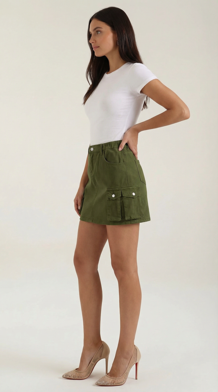 Chic women's mini cargo skirt, A-line silhouette, perfect for urban streetwear fashion.