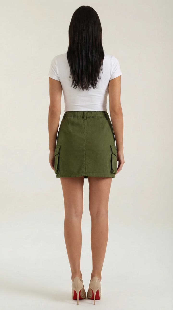 Casual women's A-line mini cargo skirt, urban style, with practical utility pockets.
