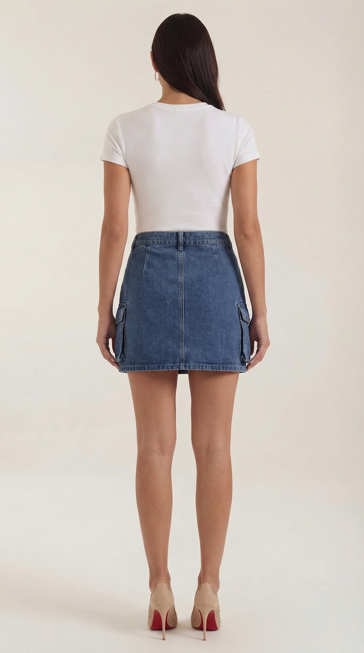 Women's mini skirt with cargo pockets, A-line urban utility style, versatile fashion.