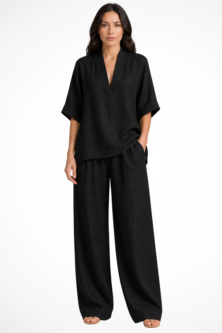 Women's V-Neck 2 Piece Co-Ord Set, wide leg trousers & matching top. Perfect for summer casual chic.