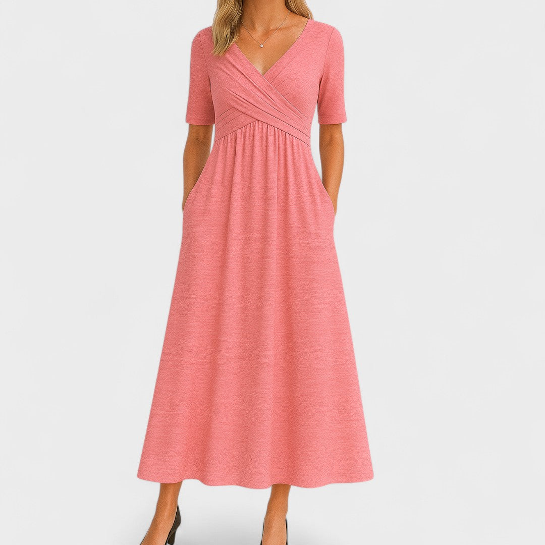 Comfortable women's V-neck A-line midi dress with pockets. Its flattering fit makes it a perfect casual & everyday dress.