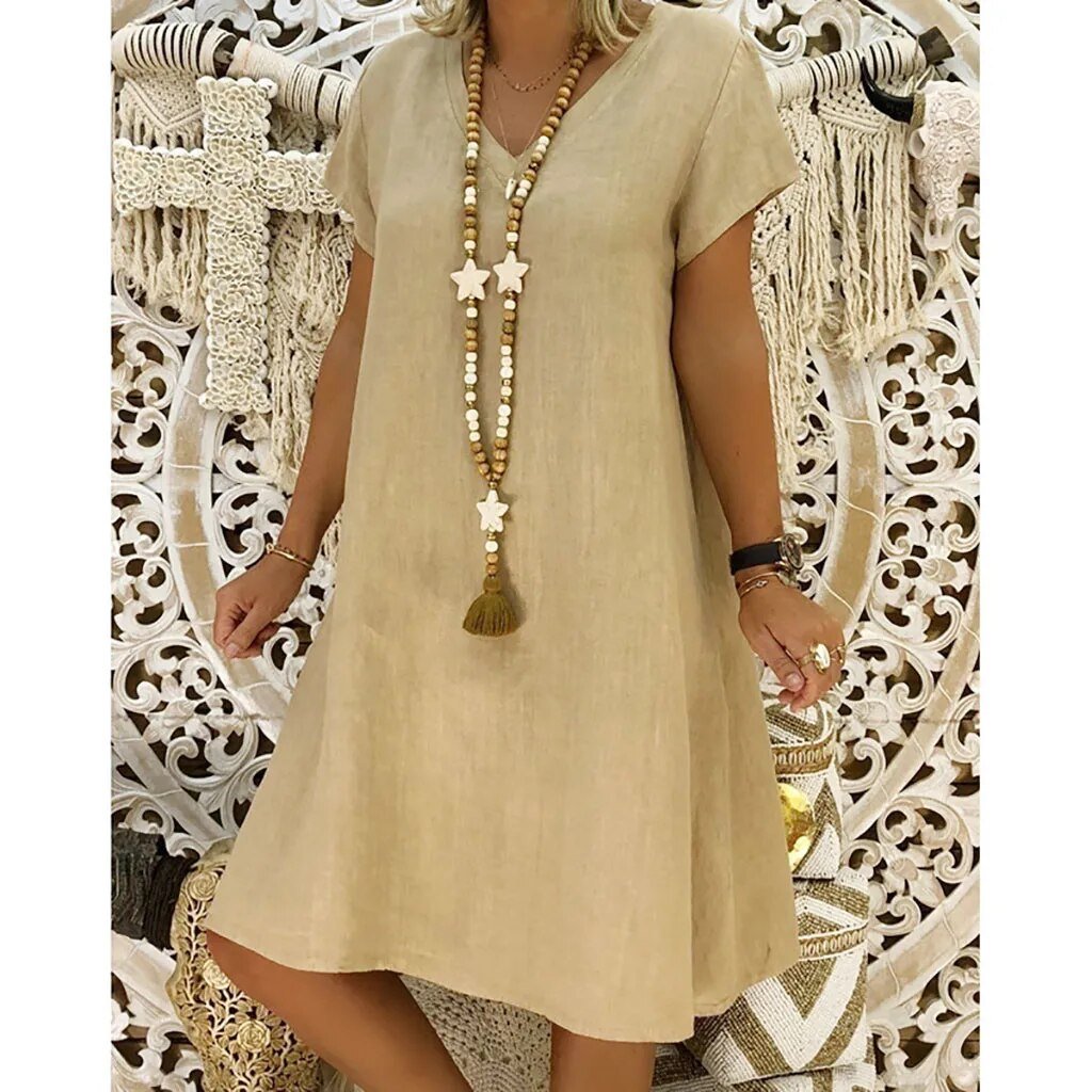 Women's V-Neck A-Line Mini Dress, short sleeve, perfect for casual summer wear. Lightweight style.