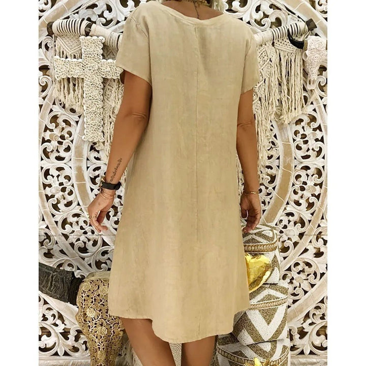 Chic Khaki Women's V-Neck A-Line Mini Dress, short sleeve, ideal for summer casual outings.