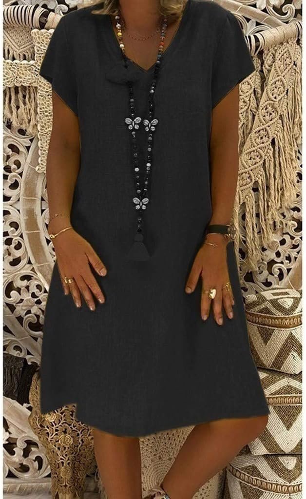 Classic Black V-Neck A-Line Mini Dress for women. Short sleeve casual summer wear, comfortable.