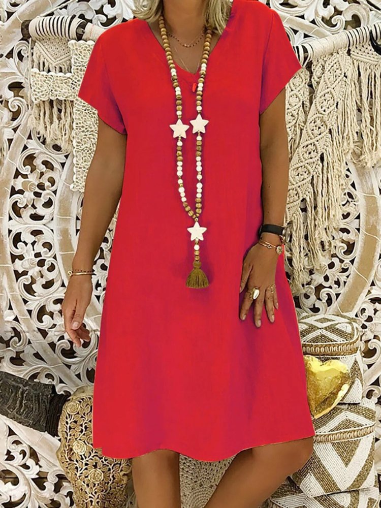 Stylish Red V-neck A-line mini dress for women. Short sleeve, comfortable, perfect casual summer look.