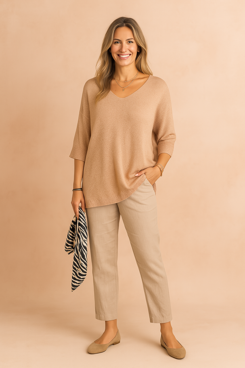 Women's V-neck blouse with relaxed fit. Elegant 3/4 sleeve top for versatile everyday & work casual style.