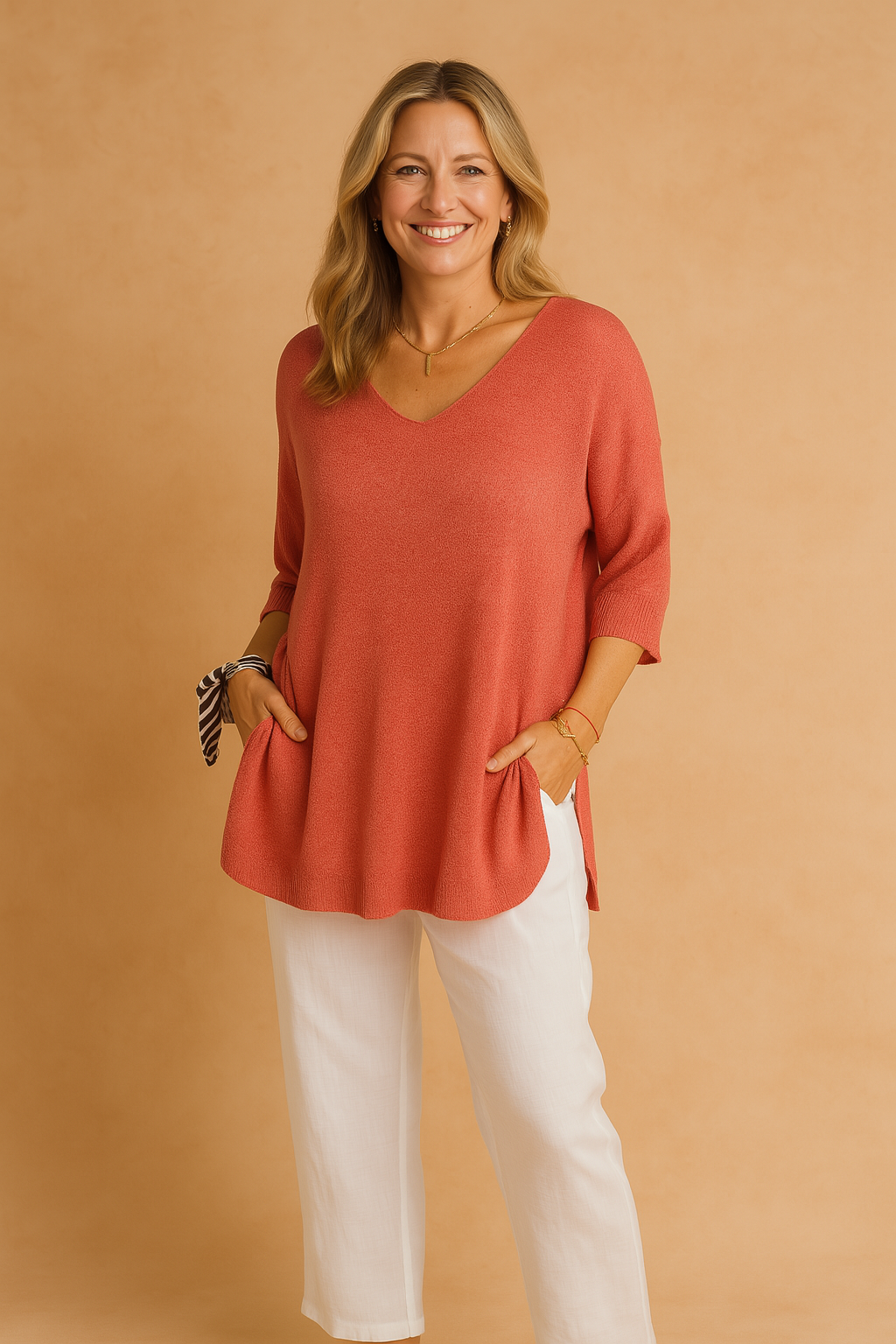 Chic women's V-neck blouse. Perfect relaxed fit 3/4 sleeve top for spring fashion, summer, and casual elegance.