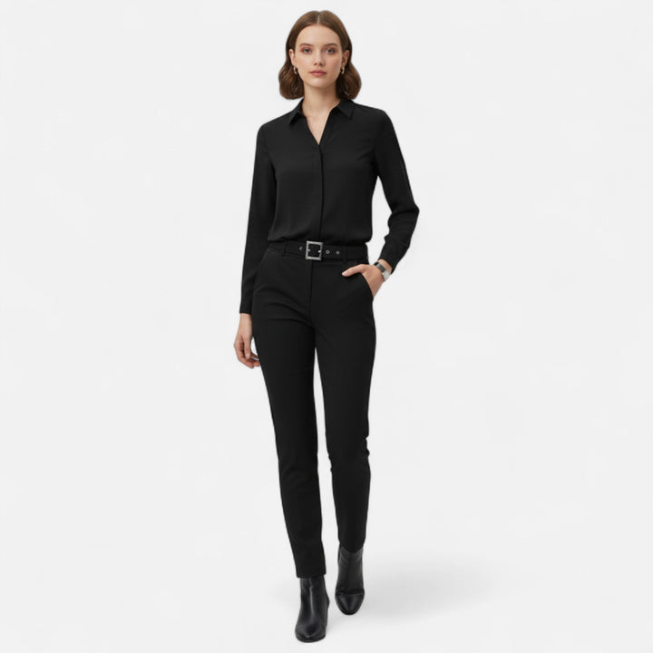Chic women's V-neck blouse, versatile button-up top for elegant professional or stylish casual outfits.